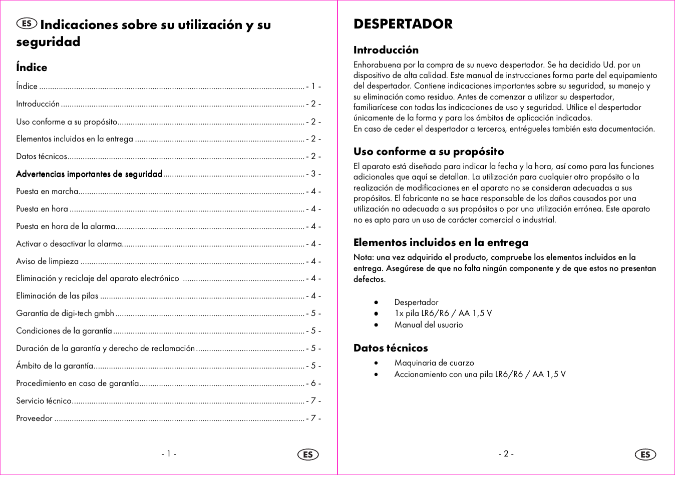 Indicaciones sobre su utilización y su seguridad, Despertador | Auriol 4-LD3865 User Manual | Page 2 / 18