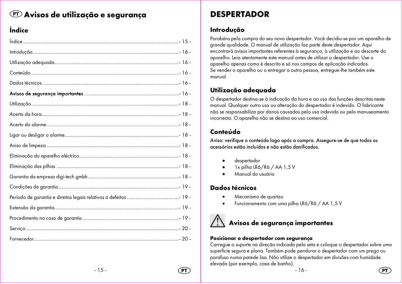 Avisos de utilização e segurança, Despertador | Auriol 4-LD3865 User Manual | Page 9 / 18