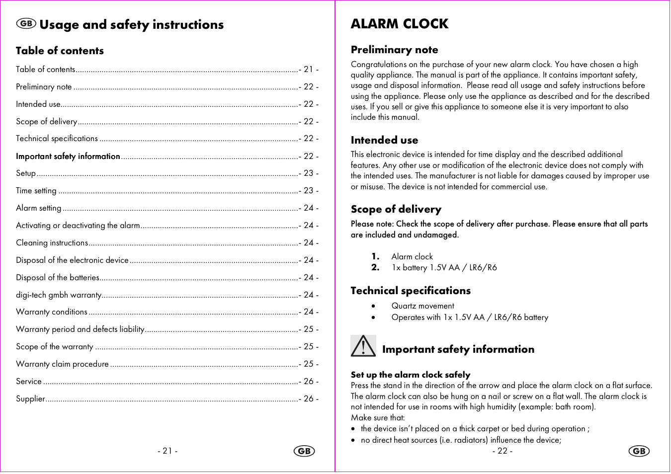Usage and safety instructions, Alarm clock | Auriol 4-LD3865 User Manual | Page 12 / 15