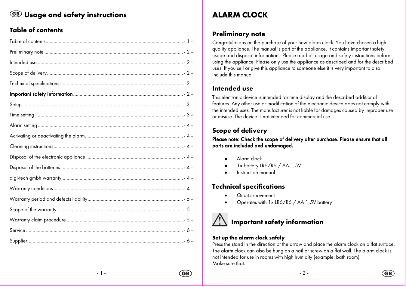 Alarm clock | Auriol 4-LD3865 User Manual | Page 2 / 24