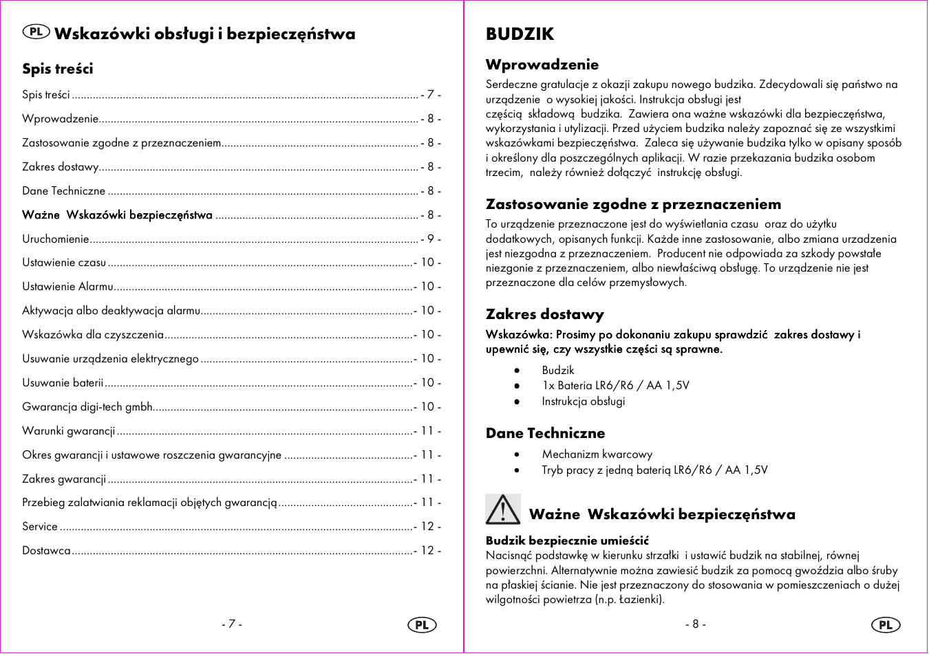 Budzik, Wskazówki obsługi i bezpieczęństwa | Auriol 4-LD3865 User Manual | Page 5 / 24