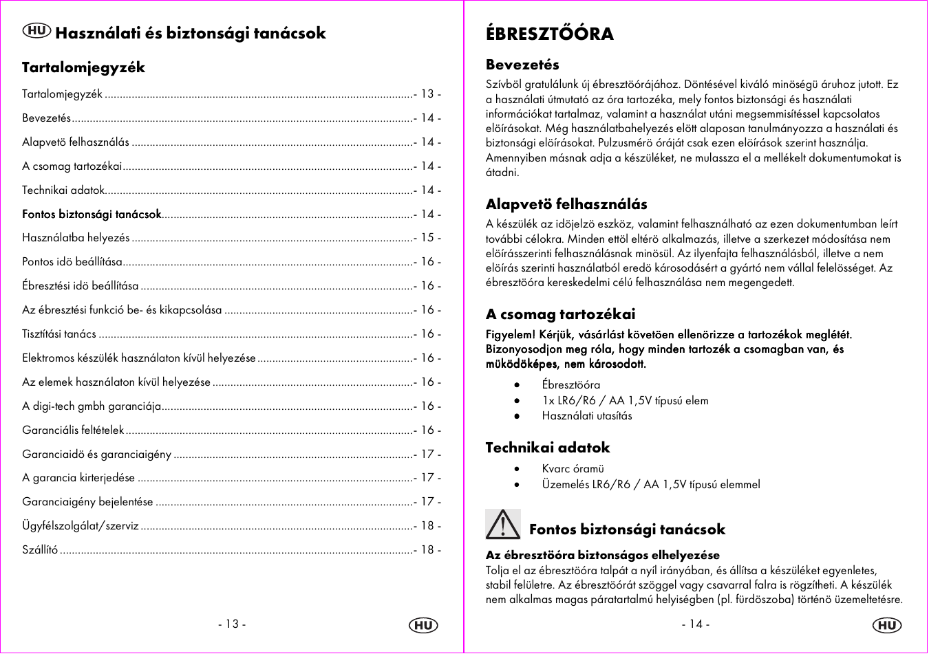 Ébresztőóra, Használati és biztonsági tanácsok | Auriol 4-LD3865 User Manual | Page 8 / 24