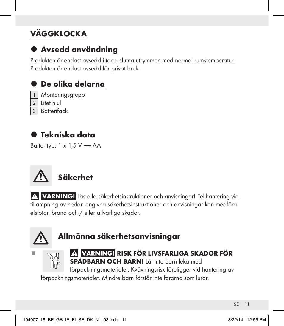 Väggklocka § avsedd användning, De olika delarna, Tekniska data | Säkerhet, Allmänna säkerhetsanvisningar | Auriol 104007-14-xx User Manual | Page 12 / 32