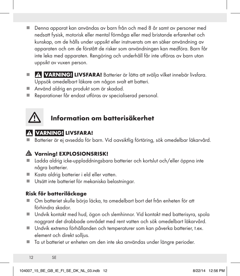 Information om batterisäkerhet | Auriol 104007-14-xx User Manual | Page 13 / 32