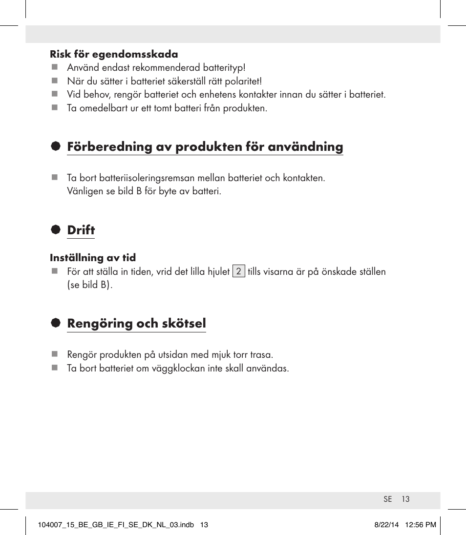 Förberedning av produkten för användning, Drift, Rengöring och skötsel | Auriol 104007-14-xx User Manual | Page 14 / 32