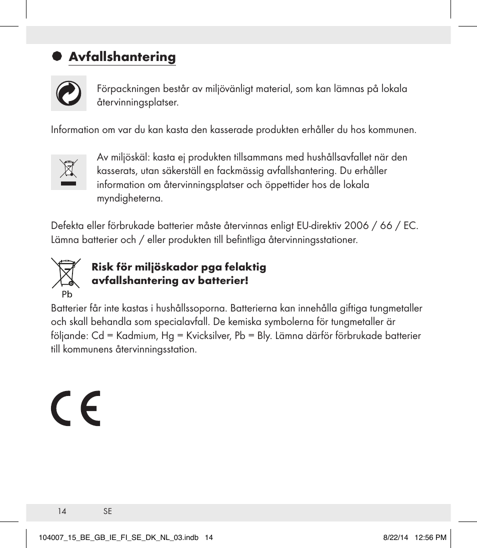 Avfallshantering | Auriol 104007-14-xx User Manual | Page 15 / 32