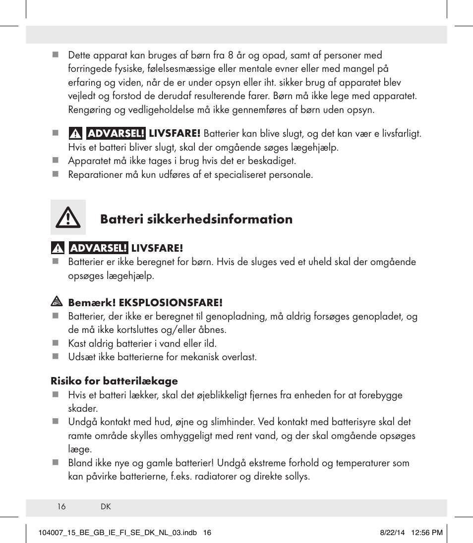 Batteri sikkerhedsinformation | Auriol 104007-14-xx User Manual | Page 17 / 32