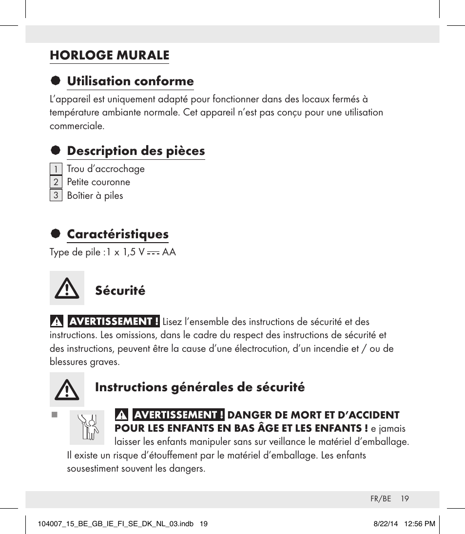 Horloge murale § utilisation conforme, Description des pièces, Caractéristiques | Sécurité, Instructions générales de sécurité | Auriol 104007-14-xx User Manual | Page 20 / 32