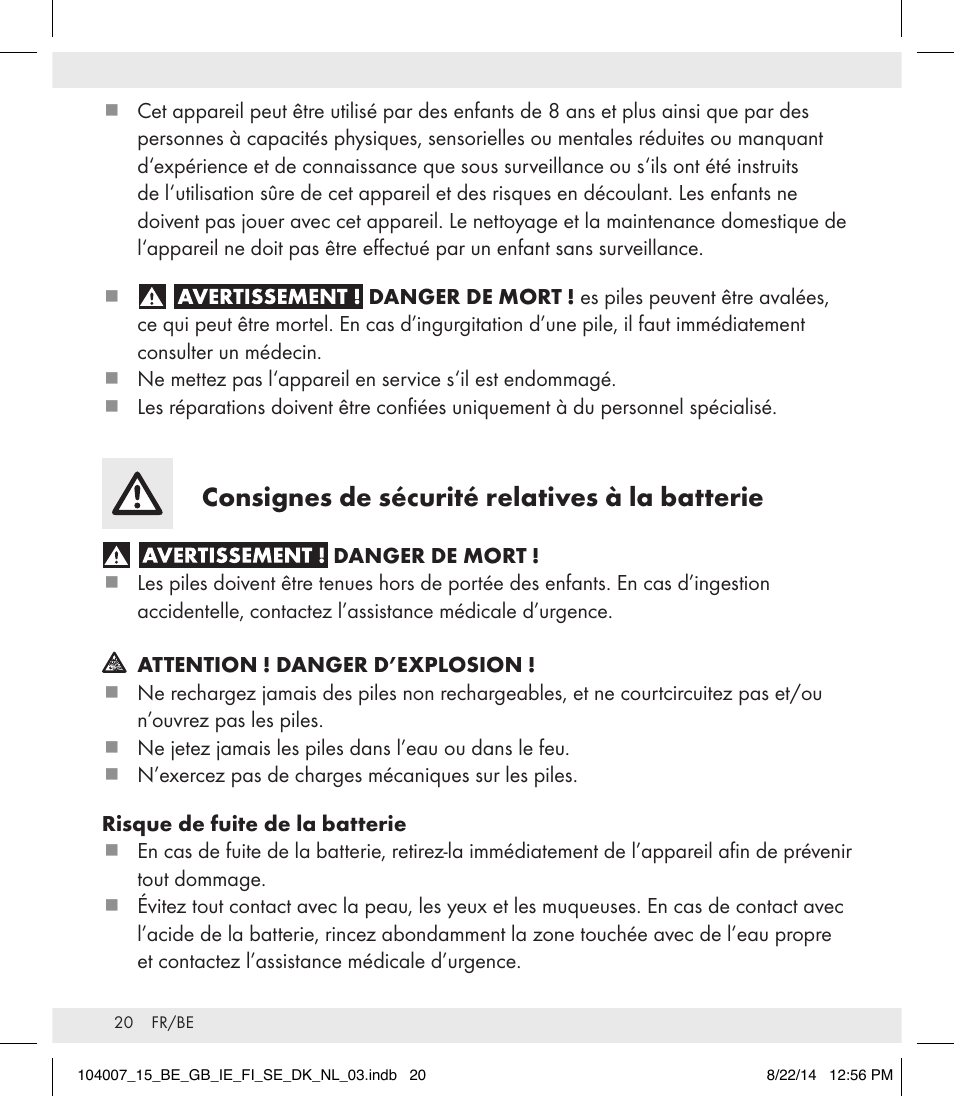 Consignes de sécurité relatives à la batterie | Auriol 104007-14-xx User Manual | Page 21 / 32