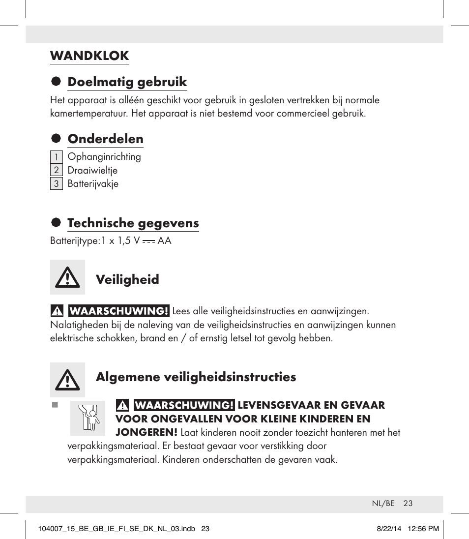 Wandklok § doelmatig gebruik, Onderdelen, Technische gegevens | Veiligheid, Algemene veiligheidsinstructies | Auriol 104007-14-xx User Manual | Page 24 / 32