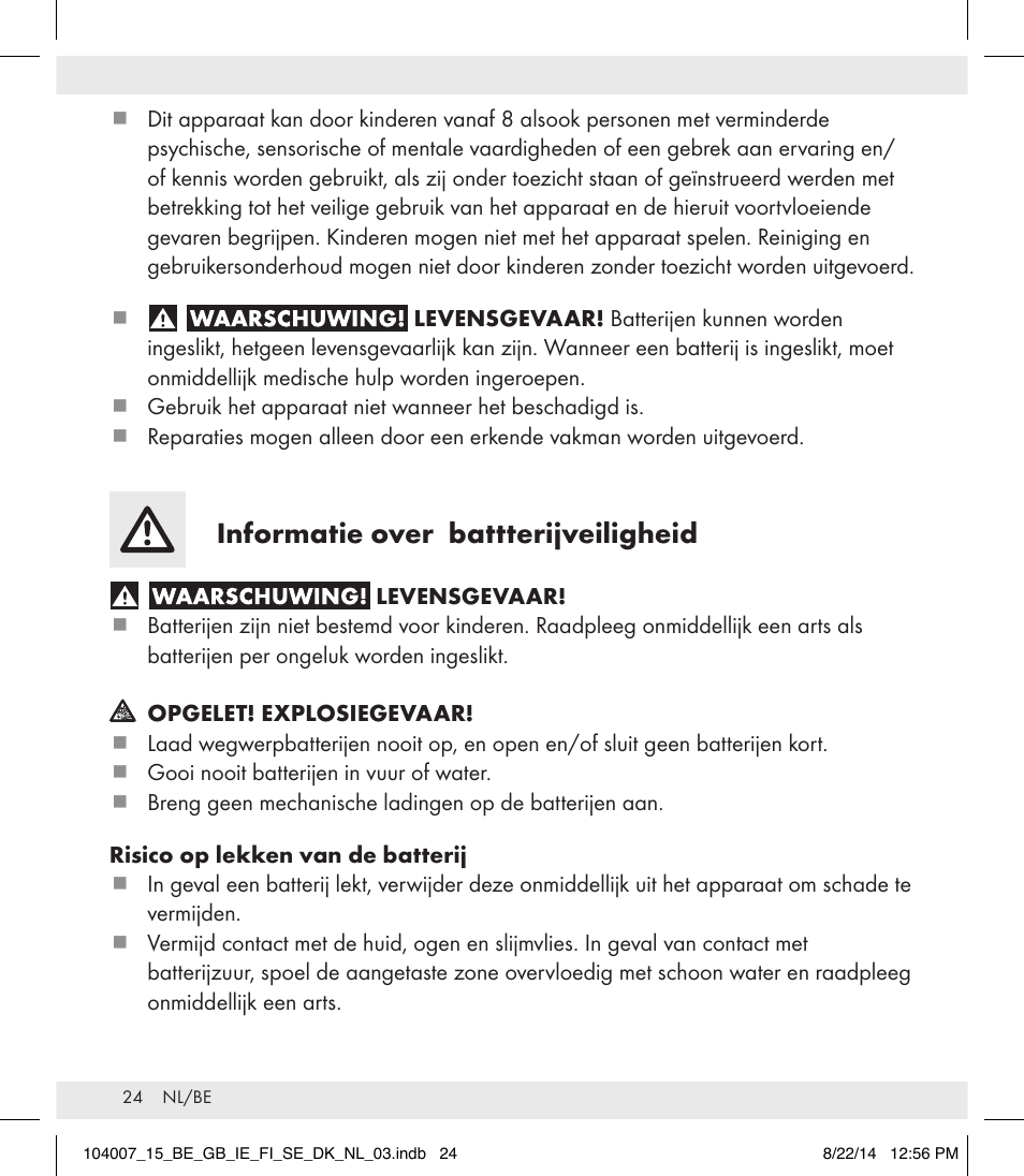 Informatie over battterijveiligheid | Auriol 104007-14-xx User Manual | Page 25 / 32