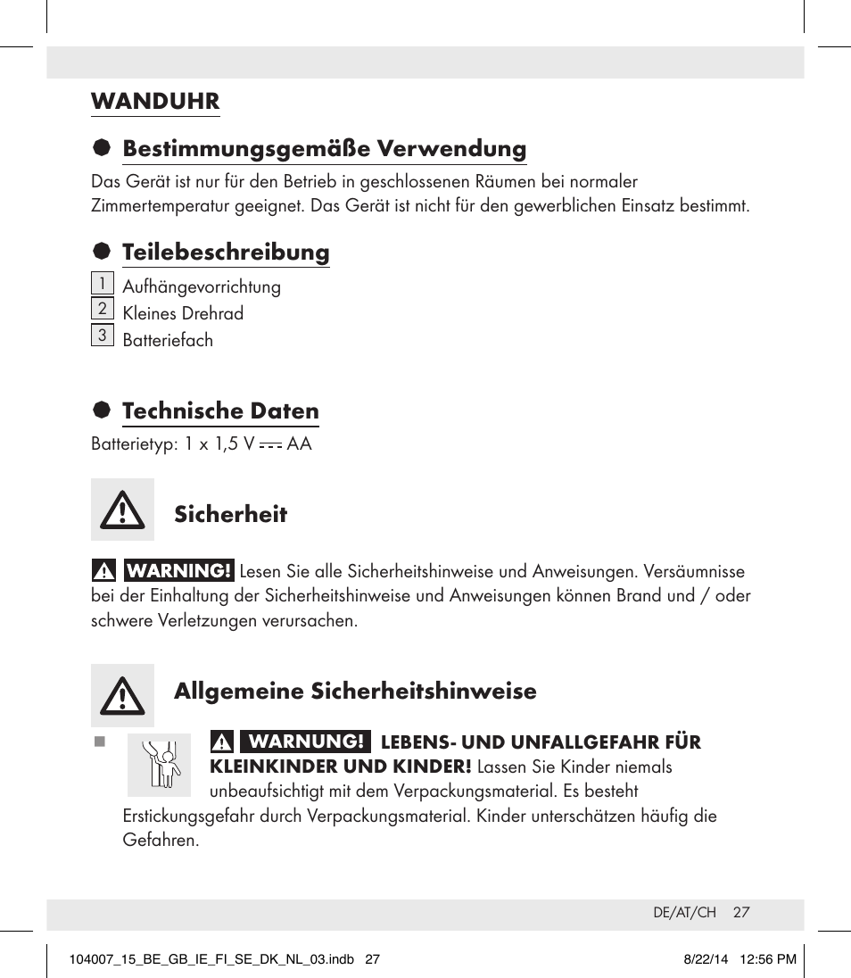 Wanduhr § bestimmungsgemäße verwendung, Teilebeschreibung, Technische daten | Sicherheit, Allgemeine sicherheitshinweise | Auriol 104007-14-xx User Manual | Page 28 / 32