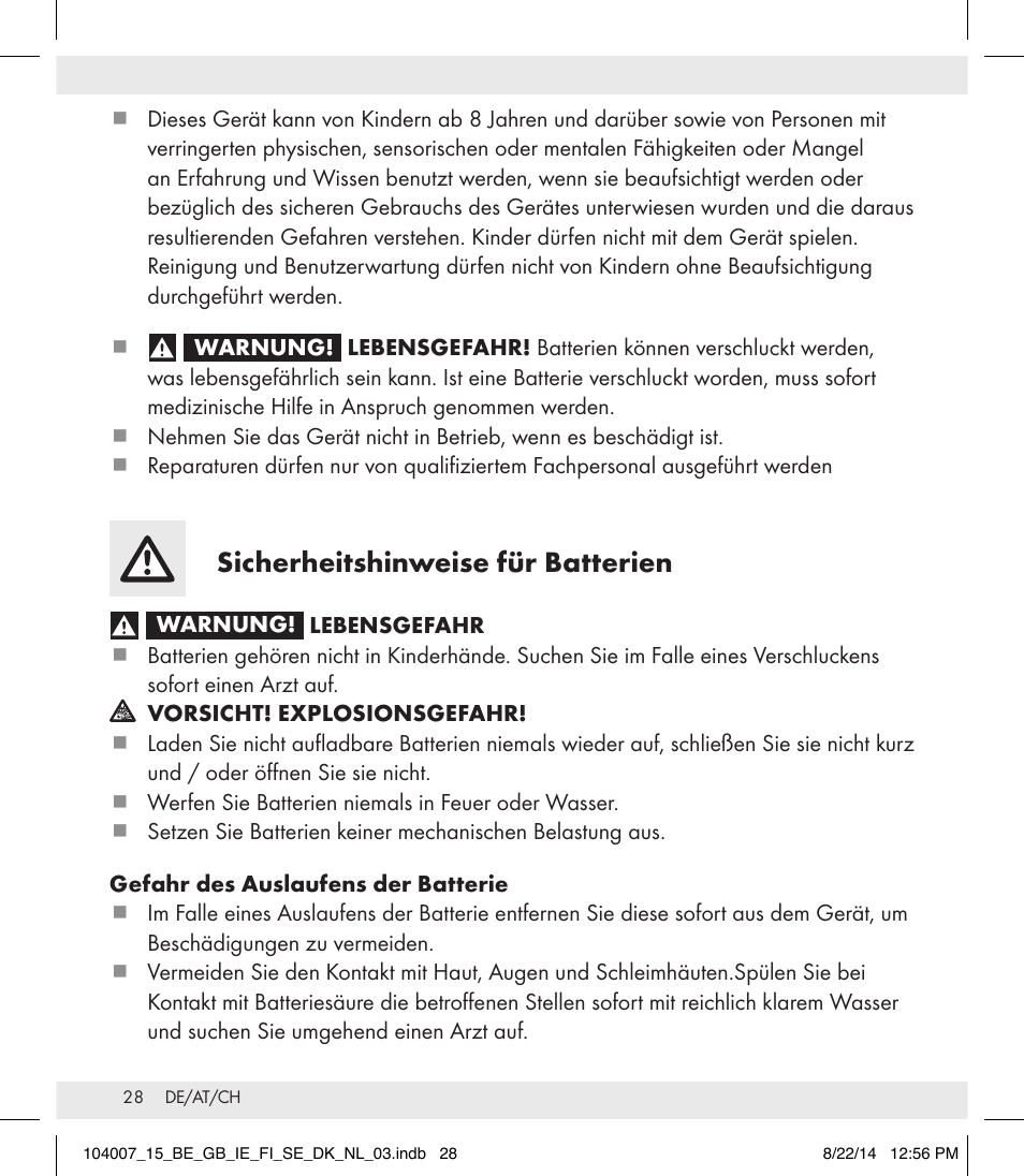 Sicherheitshinweise für batterien | Auriol 104007-14-xx User Manual | Page 29 / 32