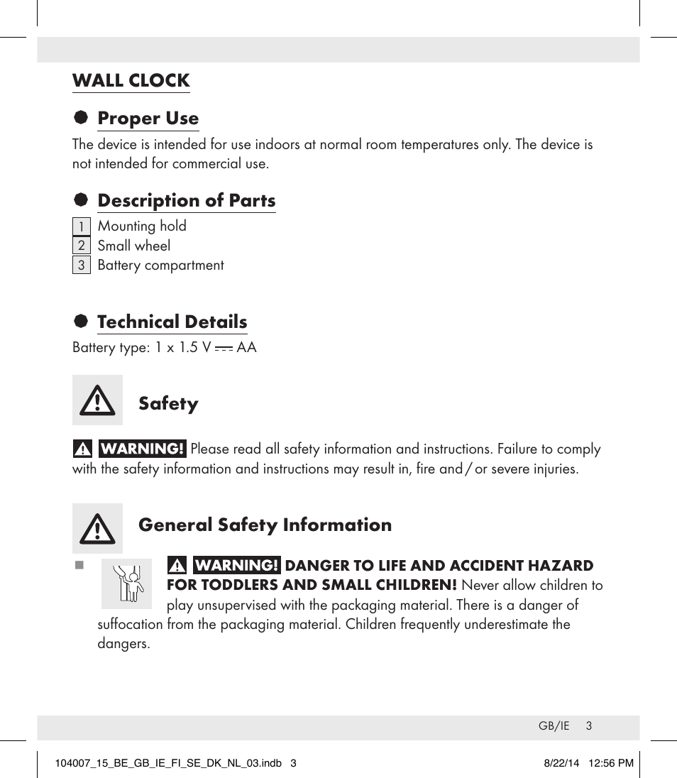 Wall clock § proper use, Description of parts, Technical details | Safety, General safety information | Auriol 104007-14-xx User Manual | Page 4 / 32