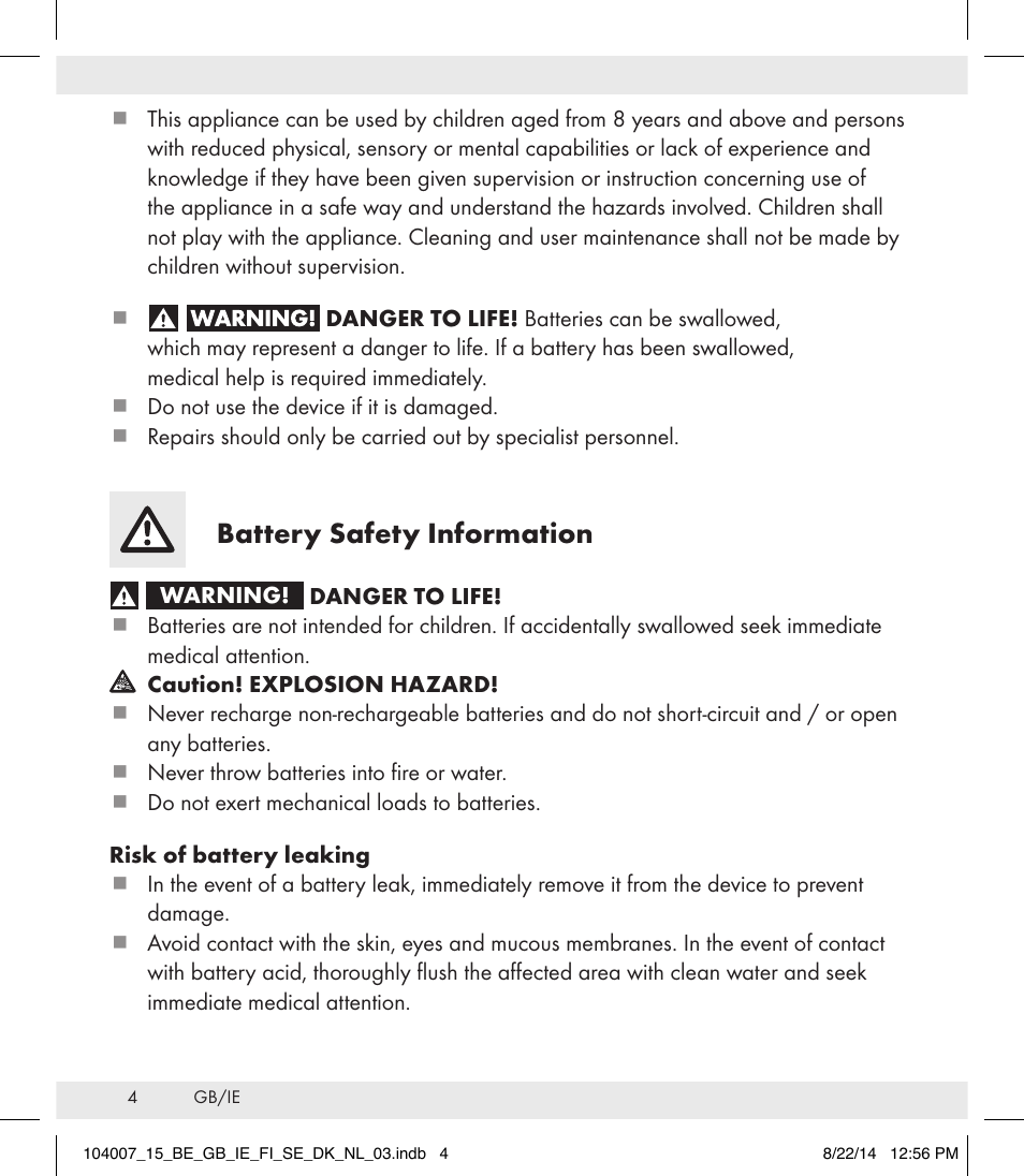 Battery safety information | Auriol 104007-14-xx User Manual | Page 5 / 32