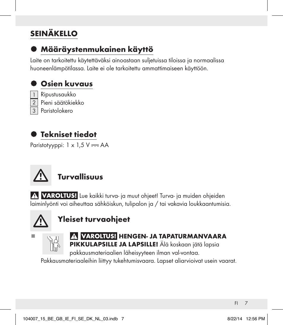 Seinäkello § määräystenmukainen käyttö, Osien kuvaus, Tekniset tiedot | Turvallisuus, Yleiset turvaohjeet | Auriol 104007-14-xx User Manual | Page 8 / 32