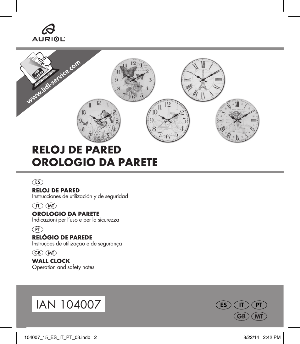 Reloj de pared orologio da parete | Auriol 104007-14-xx User Manual | Page 2 / 20