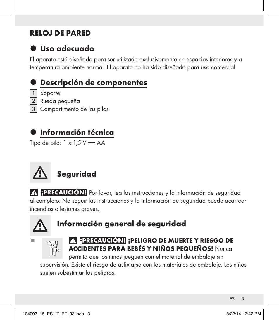 Reloj de pared § uso adecuado, Descripción de componentes, Información técnica | Seguridad, Información general de seguridad | Auriol 104007-14-xx User Manual | Page 4 / 20