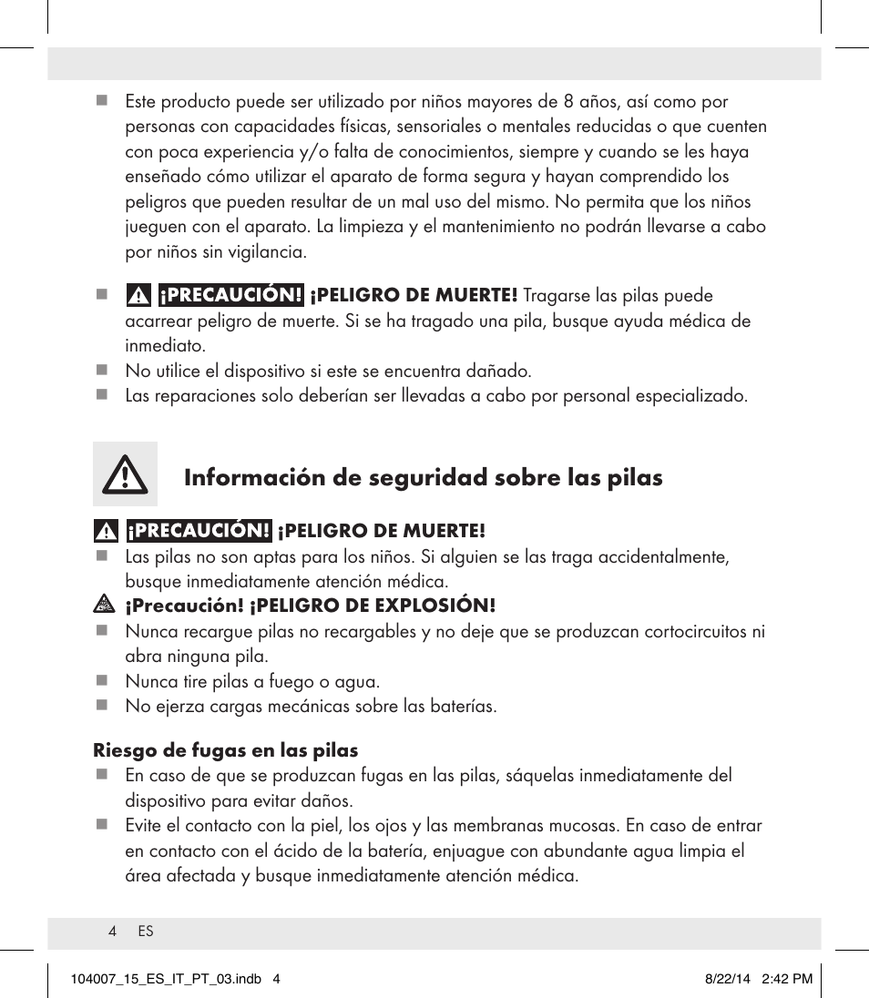 Información de seguridad sobre las pilas | Auriol 104007-14-xx User Manual | Page 5 / 20