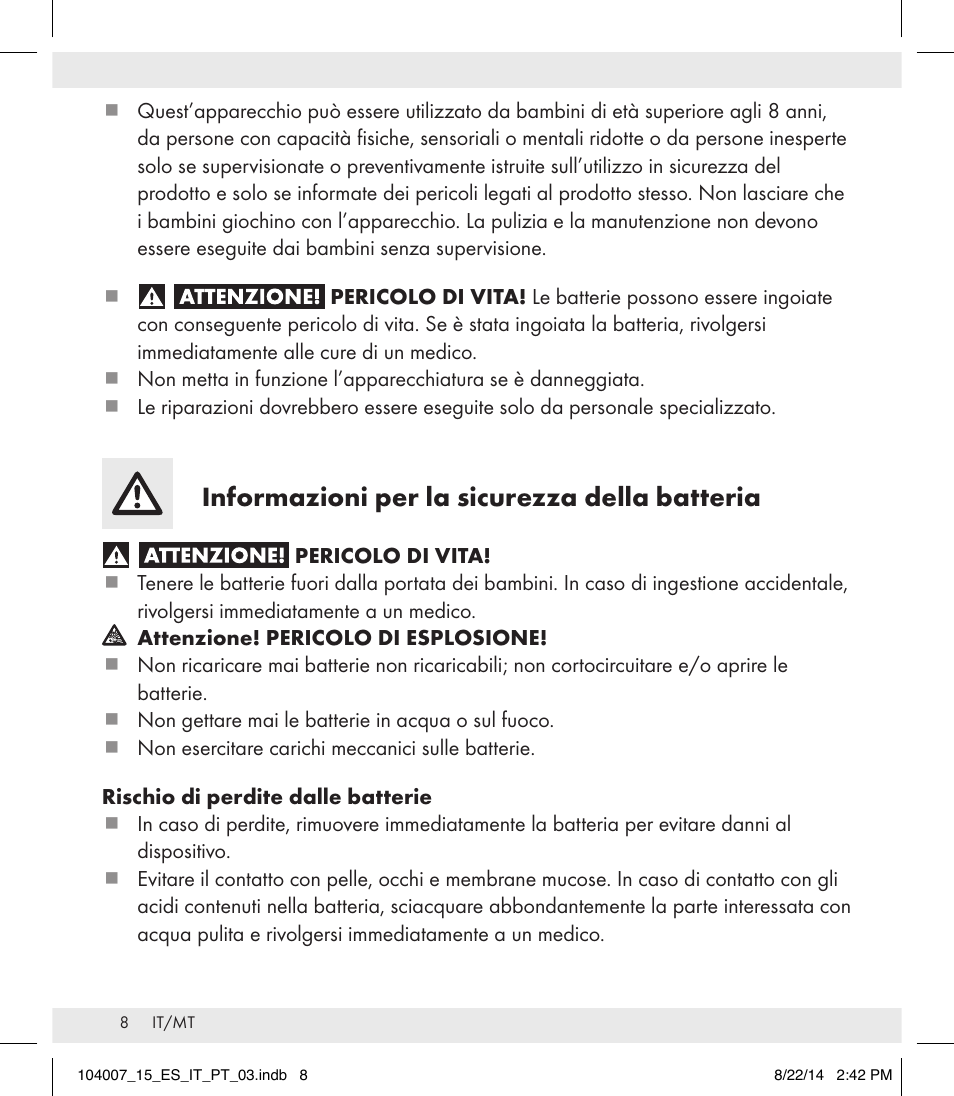 Informazioni per la sicurezza della batteria | Auriol 104007-14-xx User Manual | Page 9 / 20