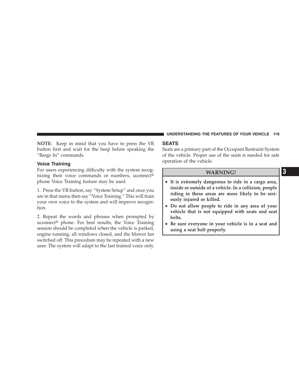 Voice training, Seats | Dodge 2009 Ram 1500 User Manual | Page 121 / 532