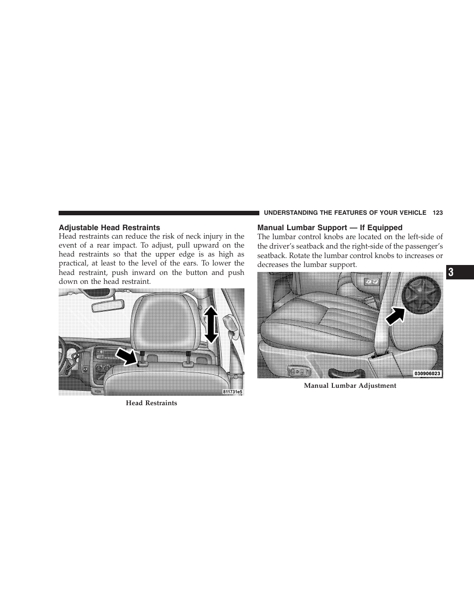 Adjustable head restraints, Manual lumbar support - if equipped, Manual lumbar support — if equipped | Dodge 2009 Ram 1500 User Manual | Page 125 / 532