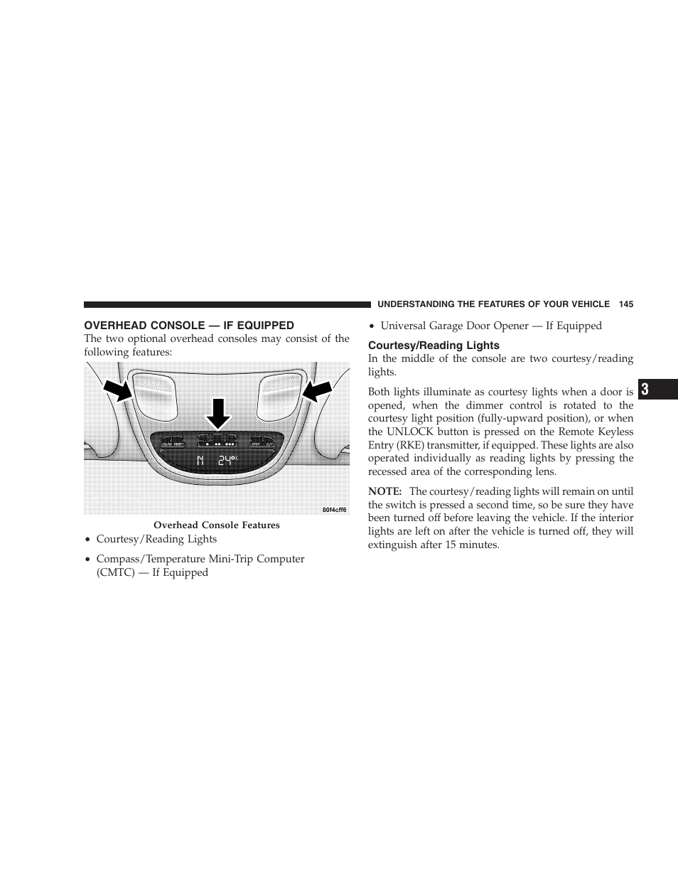 Overhead console - if equipped, Courtesy/reading lights, Overhead console — if equipped | Dodge 2009 Ram 1500 User Manual | Page 147 / 532