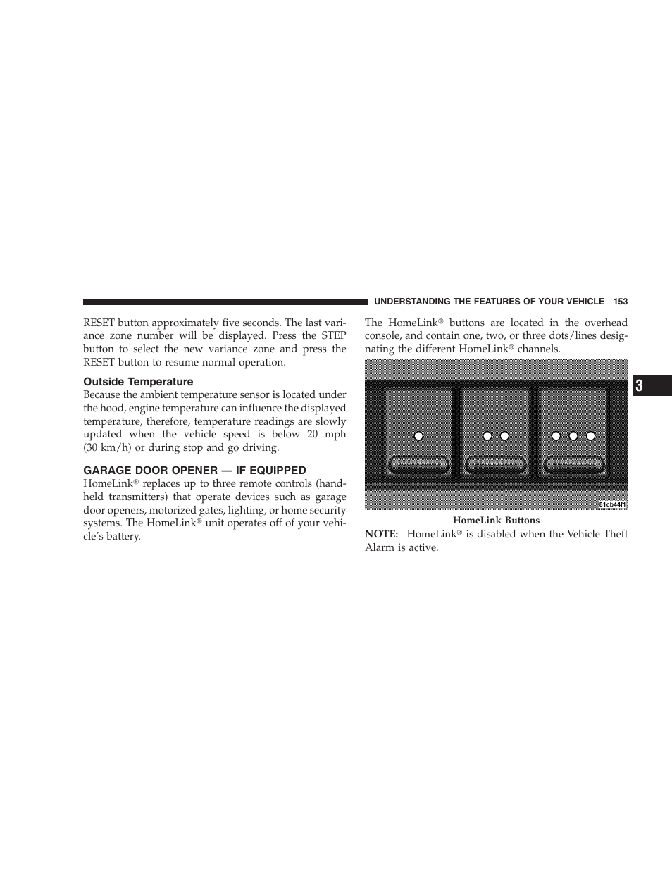 Outside temperature, Garage door opener - if equipped, Garage door opener — if equipped | Dodge 2009 Ram 1500 User Manual | Page 155 / 532