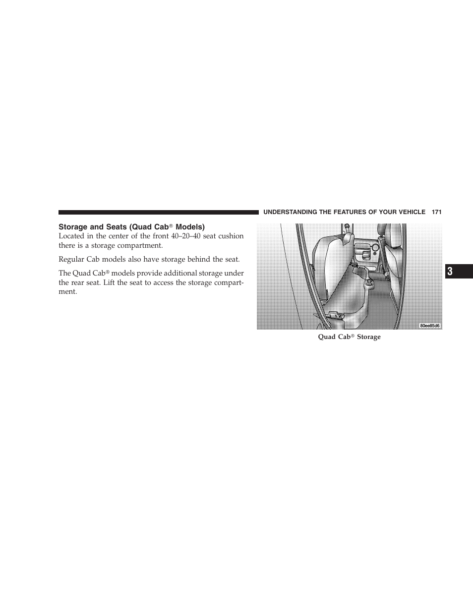 Storage and seats (quad cab models), Storage and seats (quad cab௡ models) | Dodge 2009 Ram 1500 User Manual | Page 173 / 532