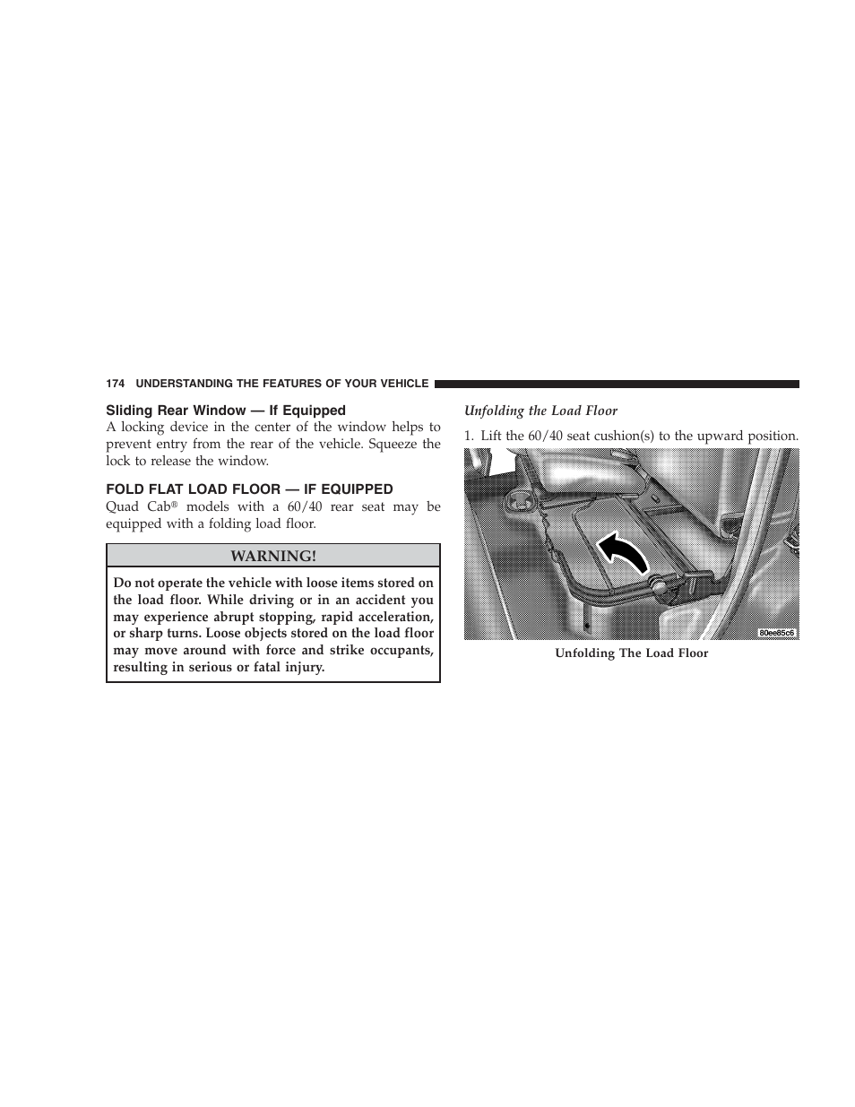 Sliding rear window - if equipped, Fold flat load floor - if equipped, Sliding rear window — if equipped | Fold flat load floor — if equipped | Dodge 2009 Ram 1500 User Manual | Page 176 / 532