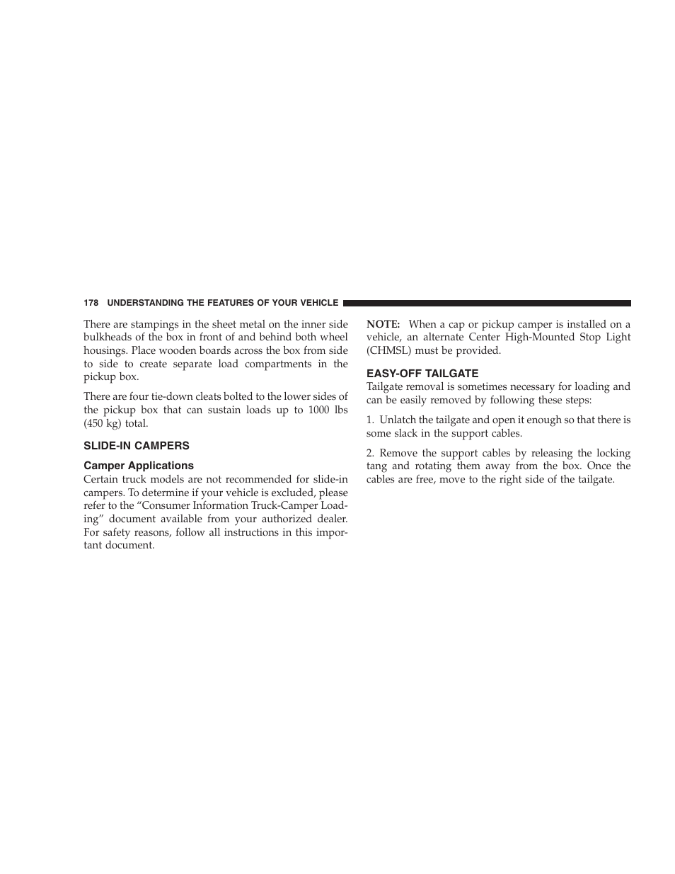 Slide-in campers, Camper applications, Easy-off tailgate | Dodge 2009 Ram 1500 User Manual | Page 180 / 532