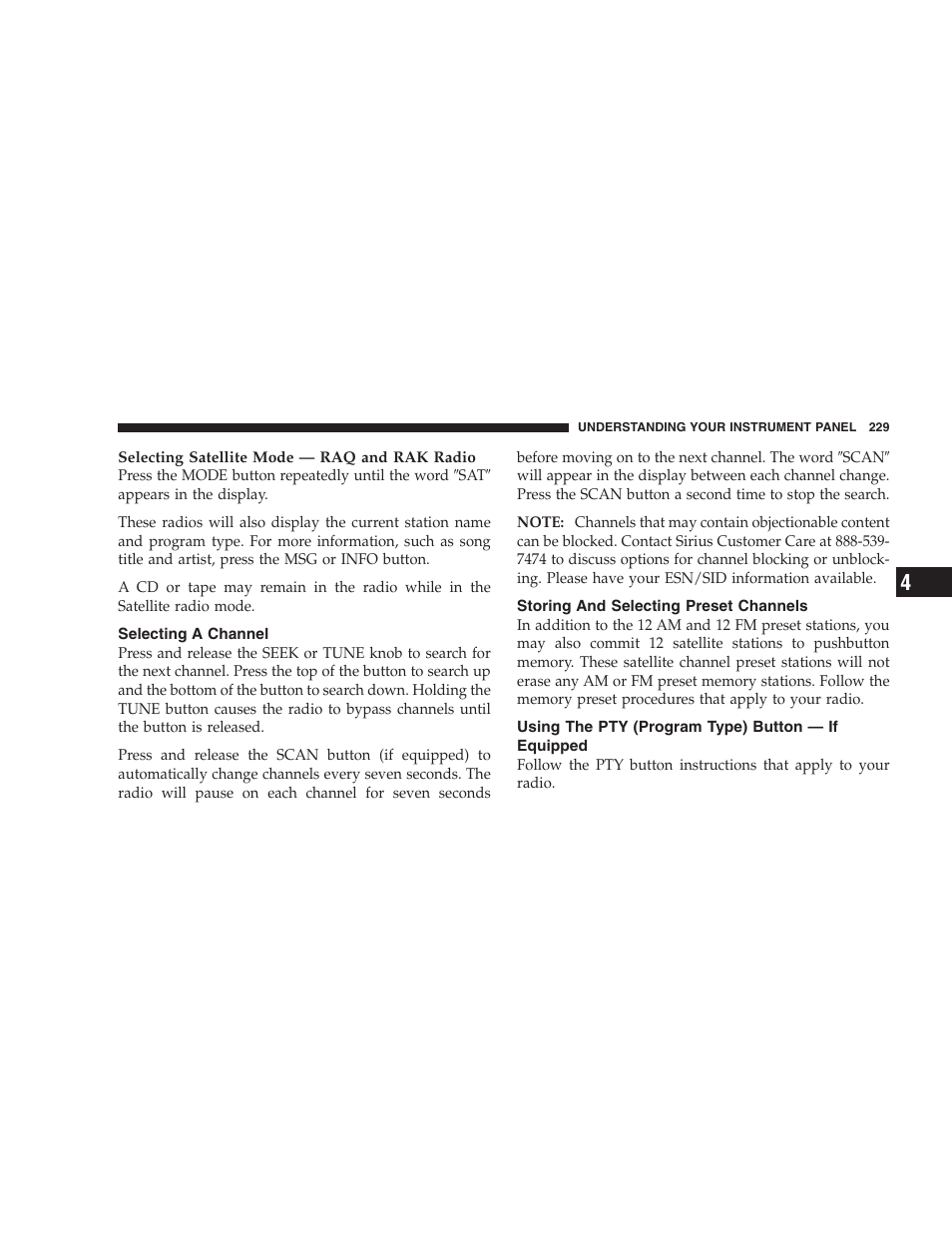 Selecting a channel, Storing and selecting preset channels, Using the pty (program type) button - if equipped | Using the pty (program type) button, If equipped | Dodge 2009 Ram 1500 User Manual | Page 231 / 532