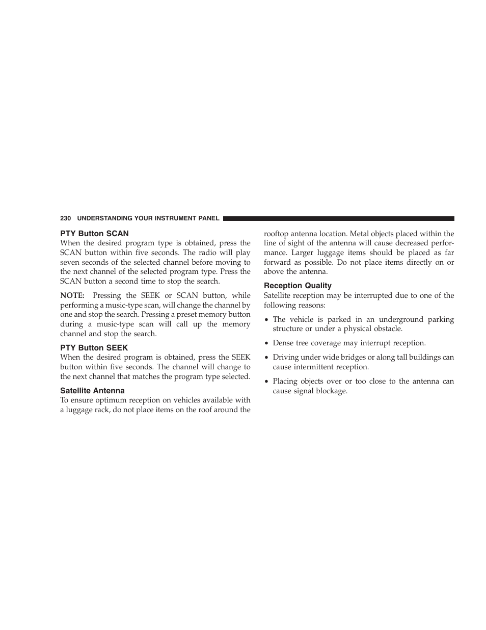 Pty button scan, Pty button seek, Satellite antenna | Reception quality | Dodge 2009 Ram 1500 User Manual | Page 232 / 532