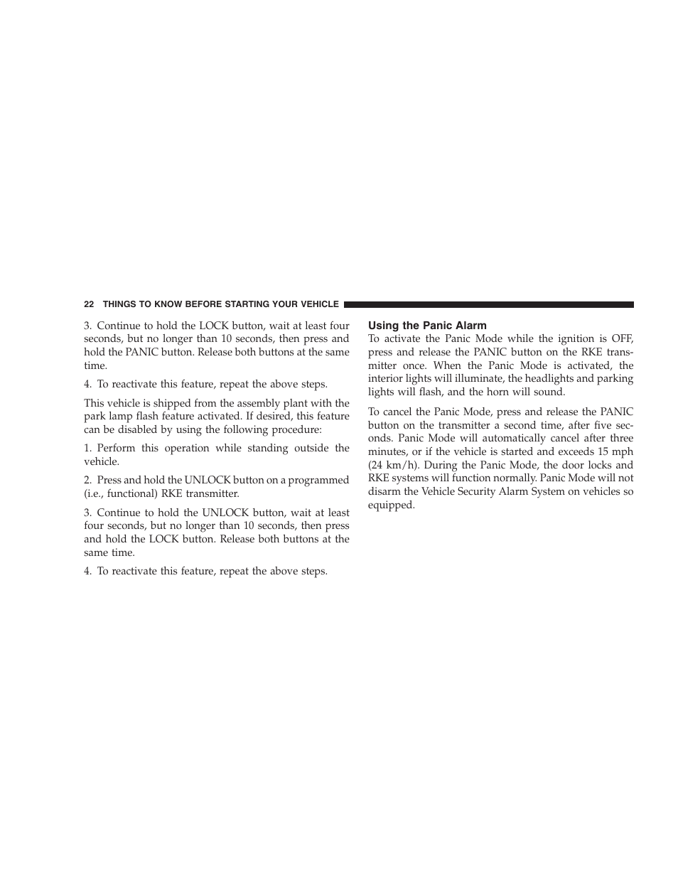 Using the panic alarm | Dodge 2009 Ram 1500 User Manual | Page 24 / 532