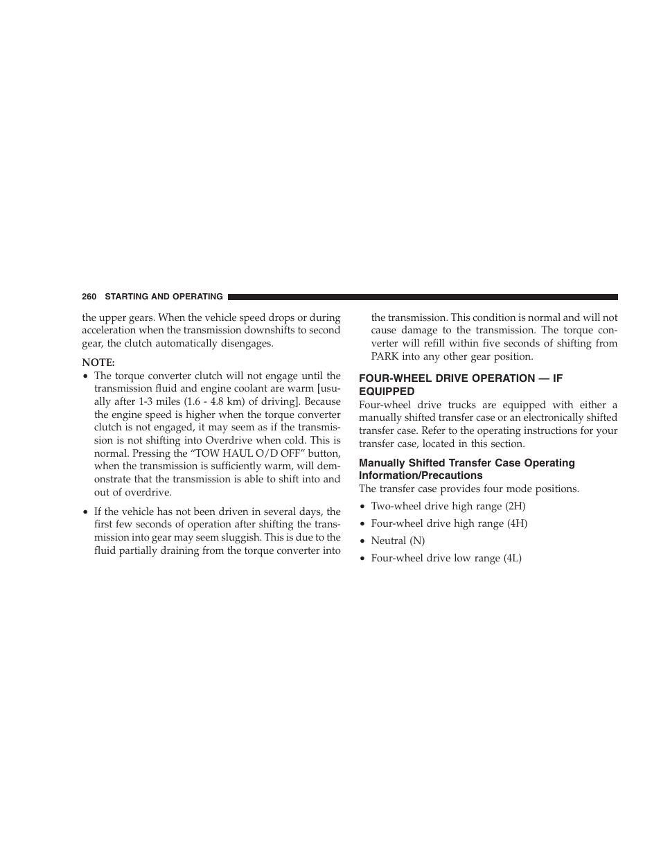 Four-wheel drive operation - if equipped, Four-wheel drive operation — if equipped, Manually shifted transfer case operating | Information/precautions | Dodge 2009 Ram 1500 User Manual | Page 262 / 532