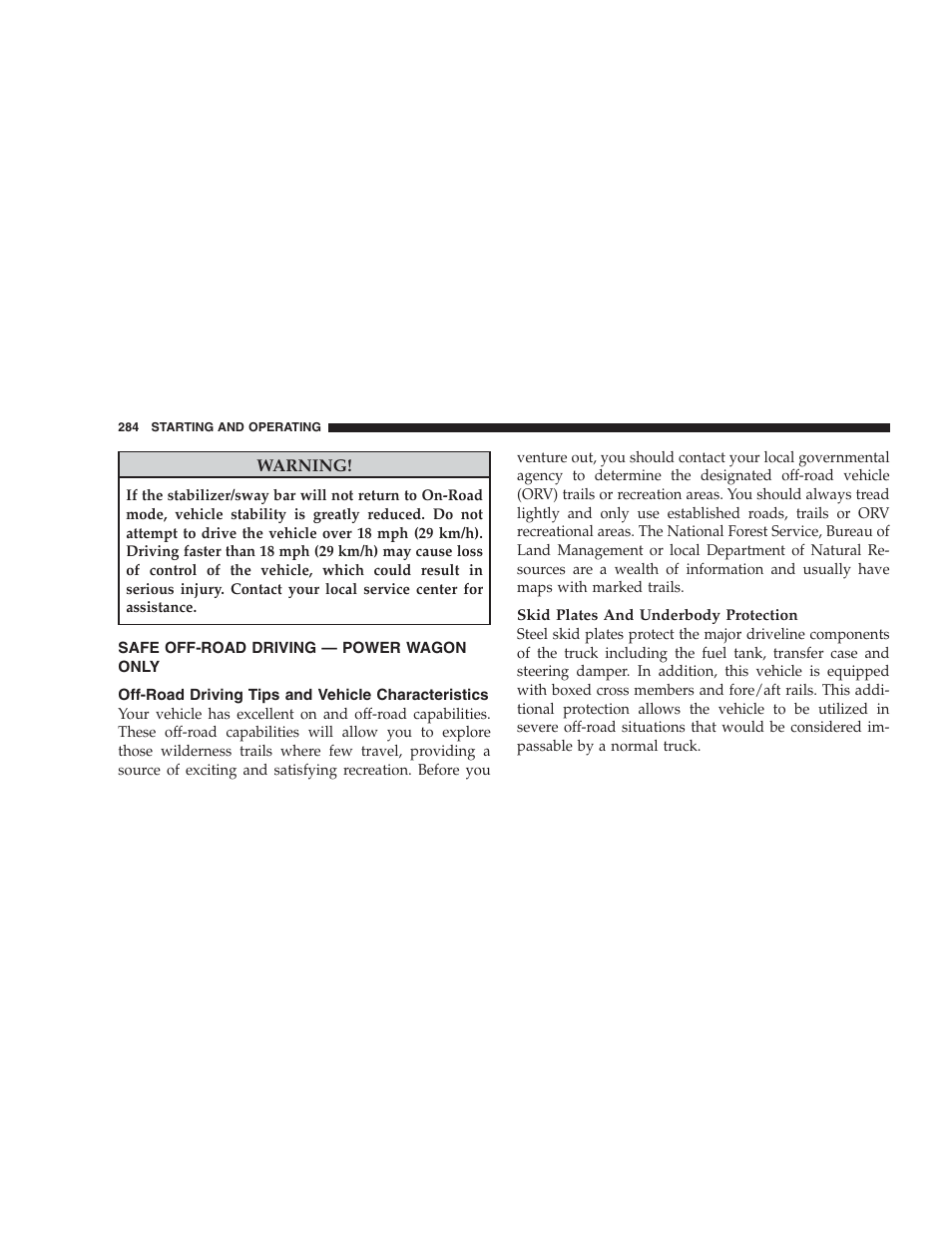 Safe off-road driving - power wagon only, Off-road driving tips and vehicle characteristics, Safe off-road driving — power wagon | Only, Off-road driving tips and vehicle, Characteristics | Dodge 2009 Ram 1500 User Manual | Page 286 / 532