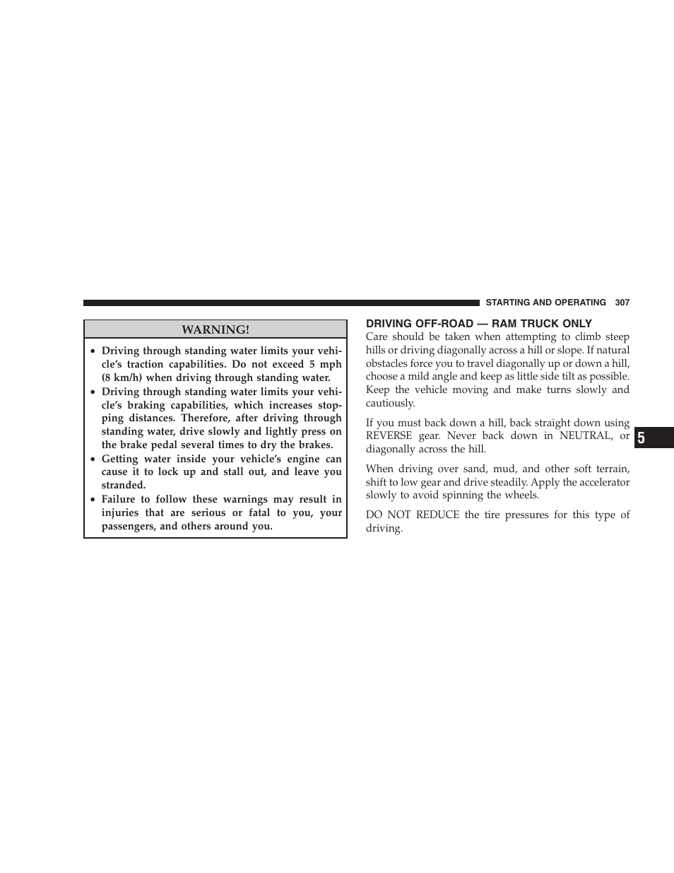 Driving off-road - ram truck only, Driving off-road — ram truck only | Dodge 2009 Ram 1500 User Manual | Page 309 / 532