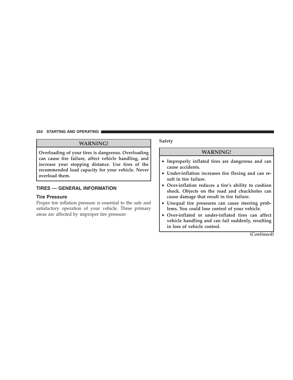 Tires - general information, Tire pressure, Tires — general information | Dodge 2009 Ram 1500 User Manual | Page 356 / 532