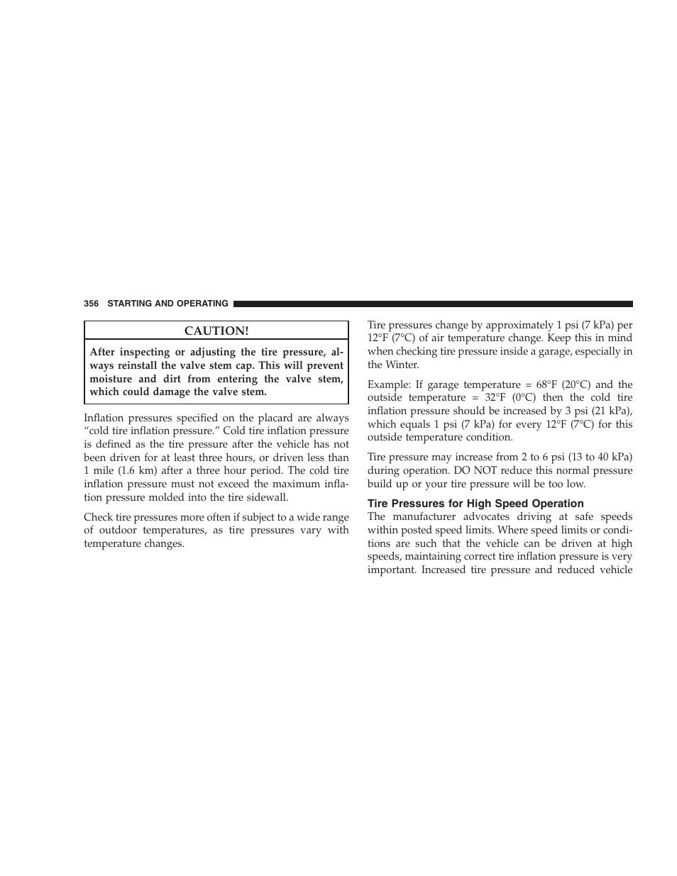 Tire pressures for high speed operation | Dodge 2009 Ram 1500 User Manual | Page 358 / 532