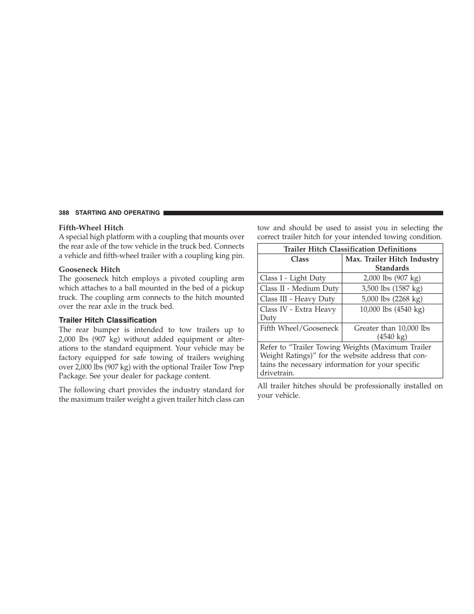 Trailer hitch classification | Dodge 2009 Ram 1500 User Manual | Page 390 / 532