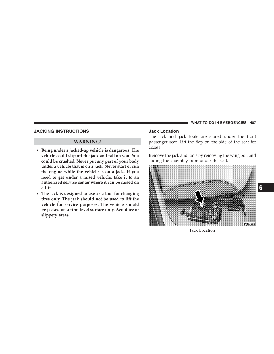 Jacking instructions, Jack location | Dodge 2009 Ram 1500 User Manual | Page 409 / 532