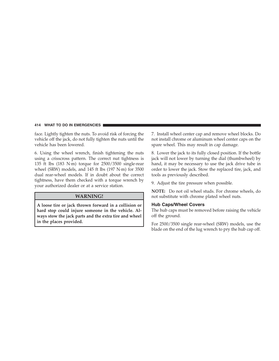 Hub caps/wheel covers | Dodge 2009 Ram 1500 User Manual | Page 416 / 532