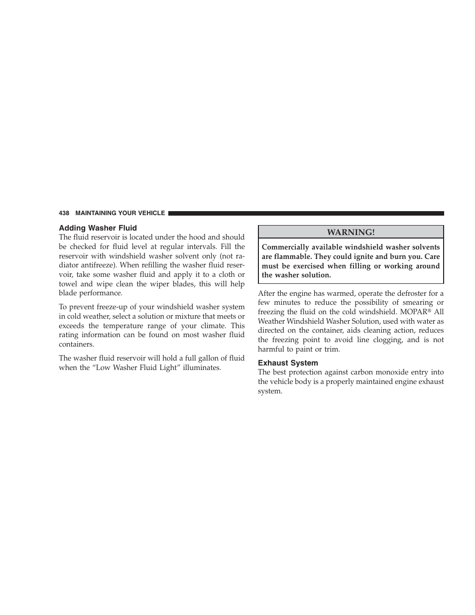 Adding washer fluid, Exhaust system | Dodge 2009 Ram 1500 User Manual | Page 440 / 532