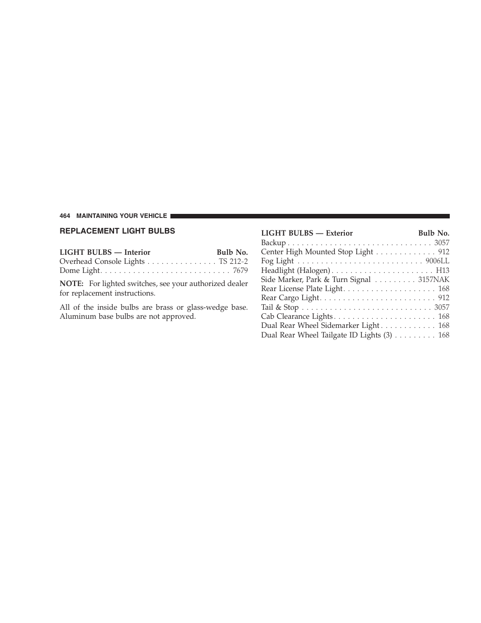 Replacement light bulbs | Dodge 2009 Ram 1500 User Manual | Page 466 / 532