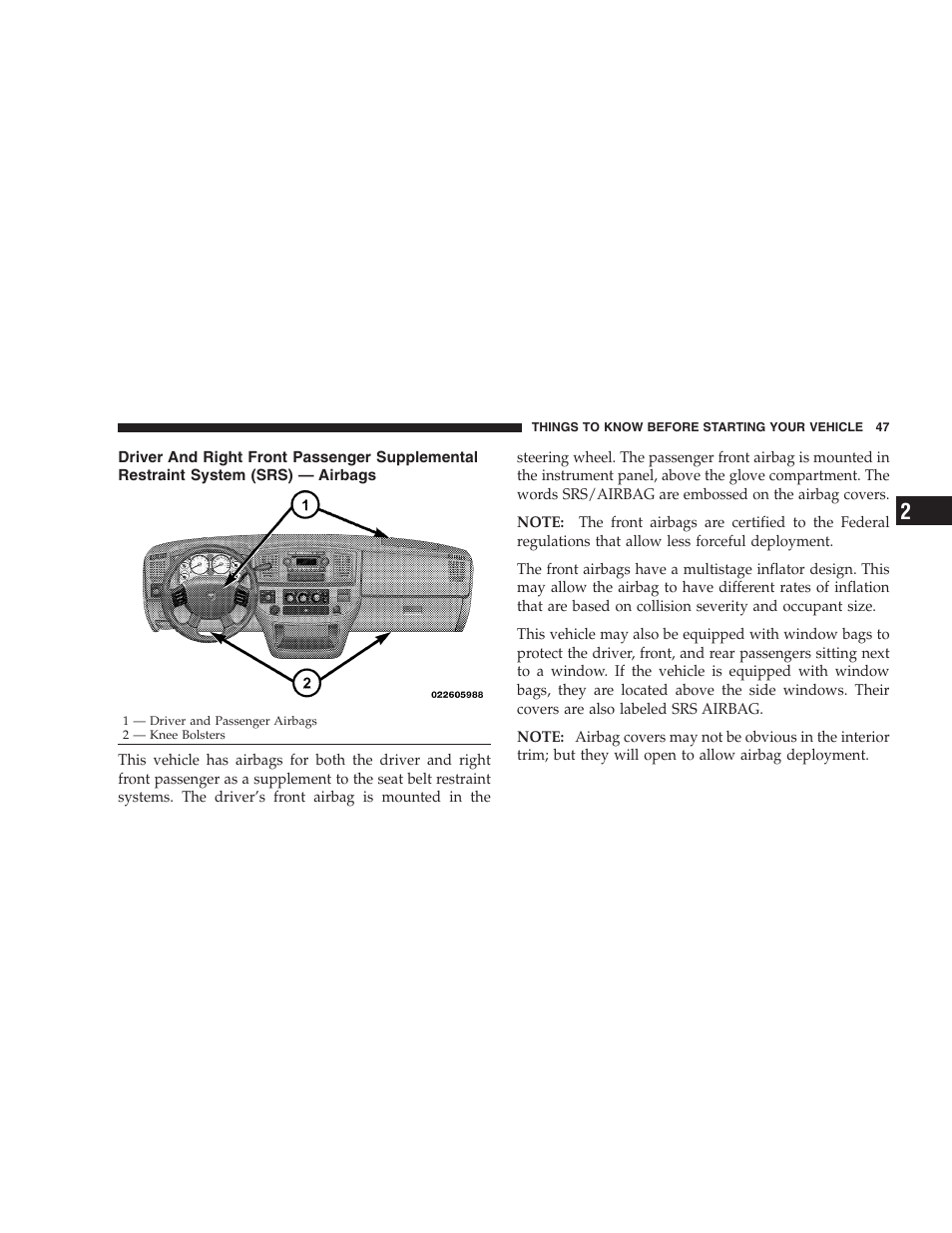 Driver and right front passenger, Supplemental restraint system (srs) — airbags | Dodge 2009 Ram 1500 User Manual | Page 49 / 532