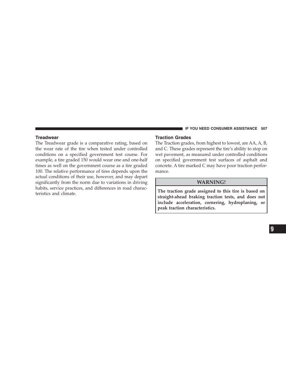 Treadwear, Traction grades | Dodge 2009 Ram 1500 User Manual | Page 509 / 532