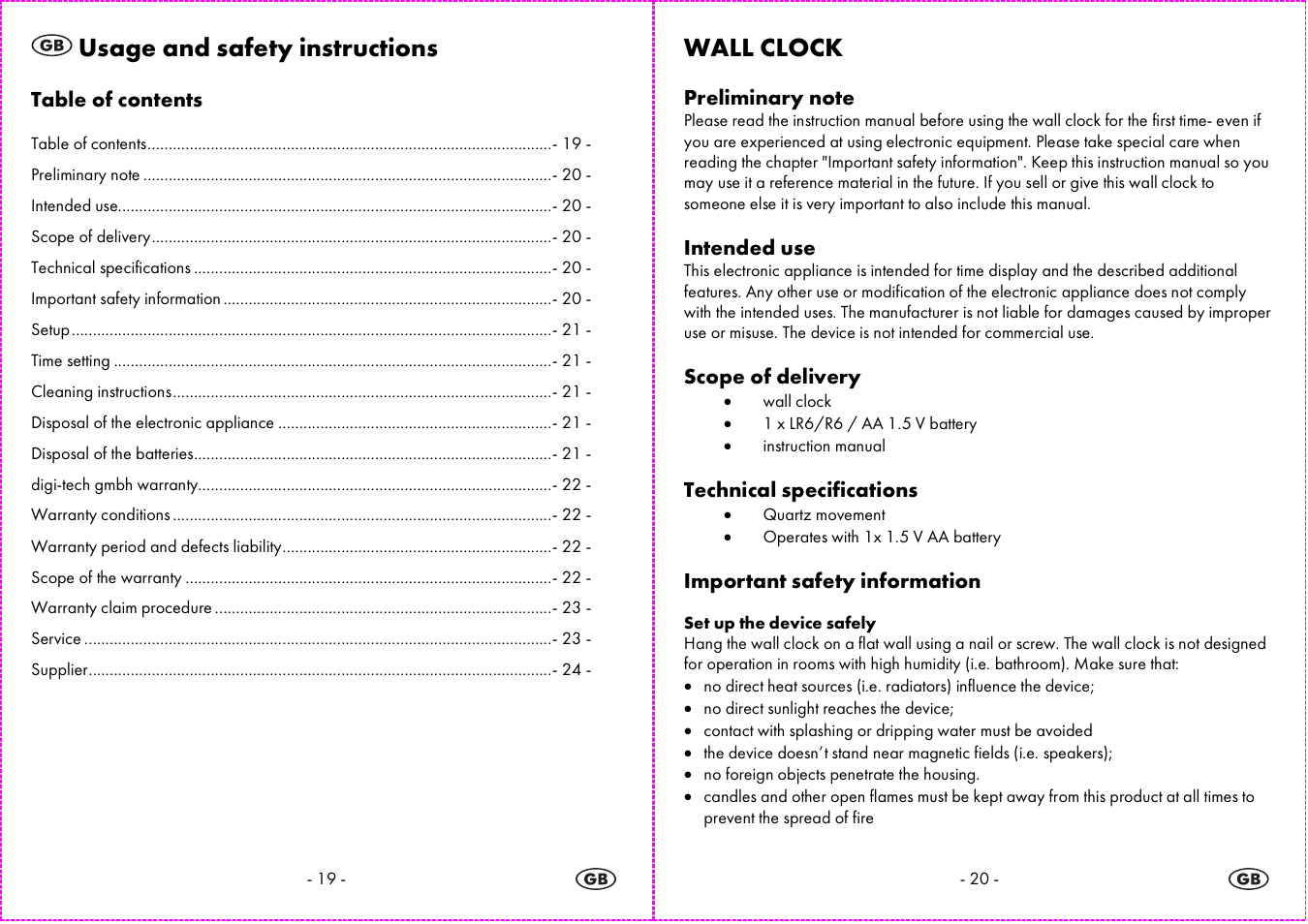 Usage and safety instructions, Wall clock | Auriol 4-LD3844 User Manual | Page 11 / 14