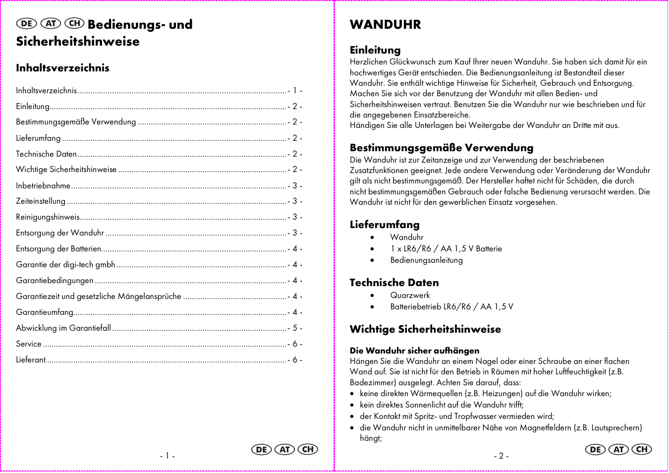 Bedienungs- und sicherheitshinweise, Wanduhr | Auriol 4-LD3844 User Manual | Page 2 / 14