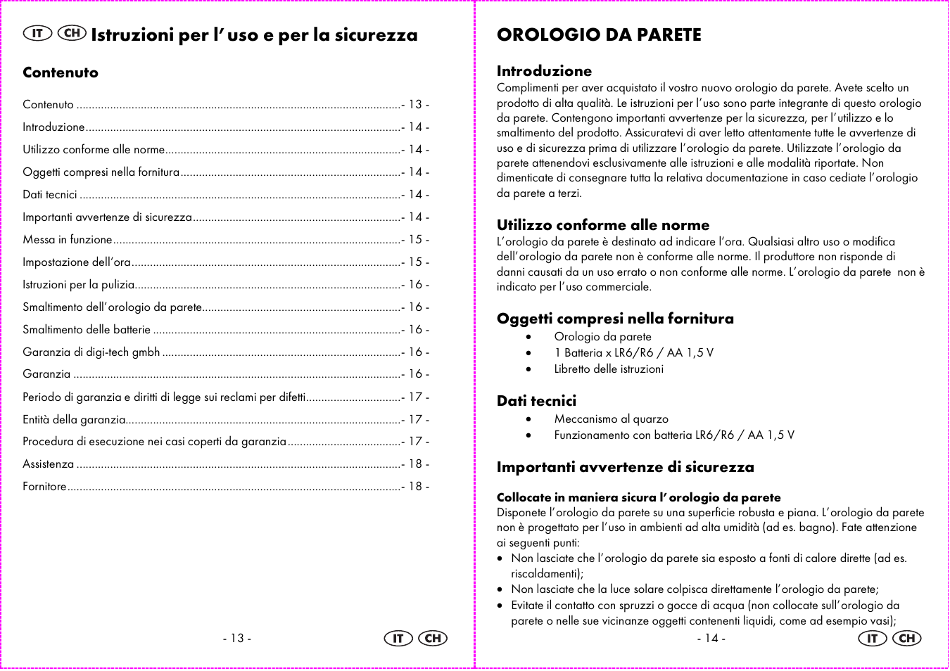 Istruzioni per l’uso e per la sicurezza, Orologio da parete | Auriol 4-LD3844 User Manual | Page 8 / 14