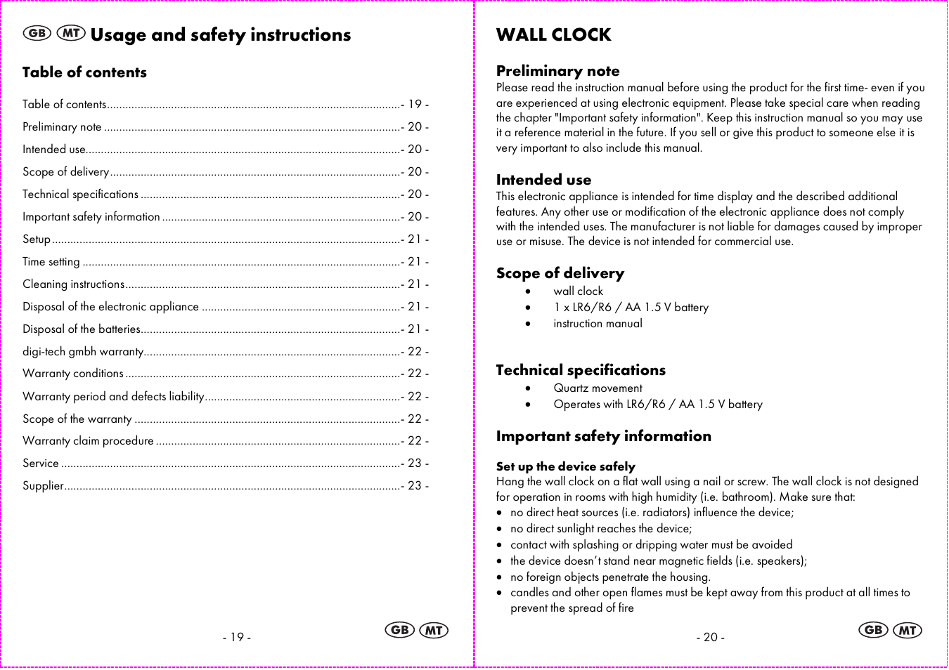 Usage and safety instructions, Wall clock | Auriol 4-LD3844 User Manual | Page 11 / 16